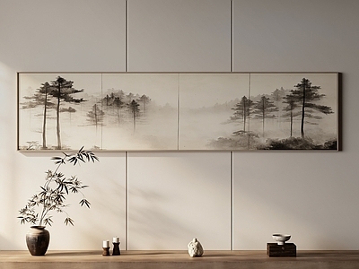 新中式山水画 禅意松林风景画 茶室长条国风国画 卧室长条禅意画 侘寂风松树国画