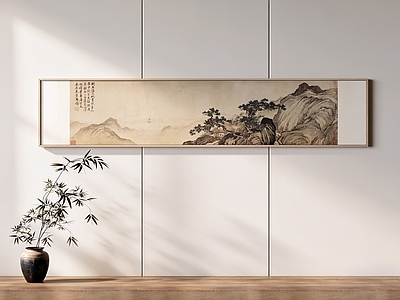 新中式山水画 原木风中式长卷画 办公室长条山水画 书房水墨山水长卷 素雅横版水墨画