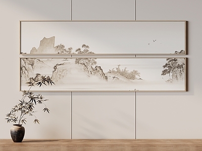 新中式山水画 双层横幅山水挂画 茶室长条国风国画 禅意留白装饰画 浅墨山水风景画 简约国风双联画