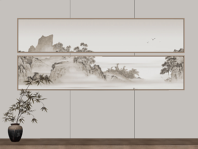 新中式山水画 床头双层水墨画 书房中式意境挂画 原木风双层壁画 样板间禅意国画