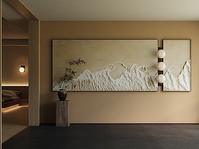 侘寂挂画 肌理山水画 茶室双联浮雕壁画 大地色肌理艺术画 新中式立体风景画 长短双联肌理画