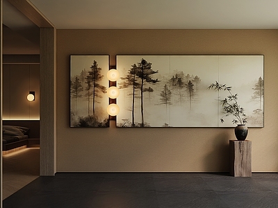 新中式挂画 禅意雾林风景画 横竖搭配松林挂画 玄关意境山林壁画 茶室云雾松树画