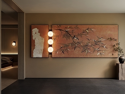 新中式挂画 酒店中古风装饰画 禅意怪石竹子国画 原木风组合国画 书房意境竹子挂画