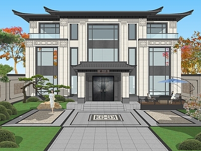 新中式景观别墅庭院 新中式别墅 新中式庭院