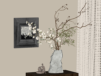 侘寂花艺 陈设摆件组合 花艺花卉 雕塑摆件 陶瓷花瓶 挂画