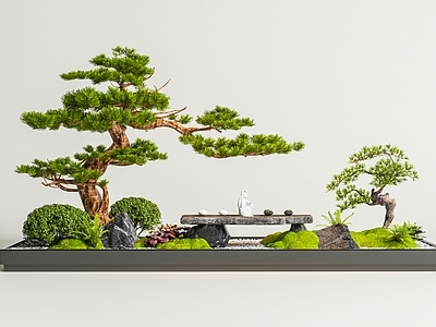 新中式景观室内景观 室内景观 景观造景 景观小品 松树 楼梯景观
