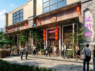 新中式商业街 新中式门头门面 商业建筑外观 商铺门头门面