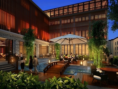 新中式景观庭院 新中式酒店酒楼 现代庭院园林餐厅 建筑外观门头门面 水池