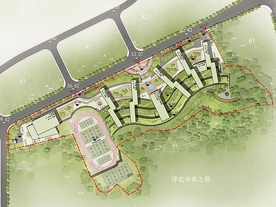 学校建筑 山地学校总平面图 学校总平面图 中学总平面图 总平面图 现代风格学校总图