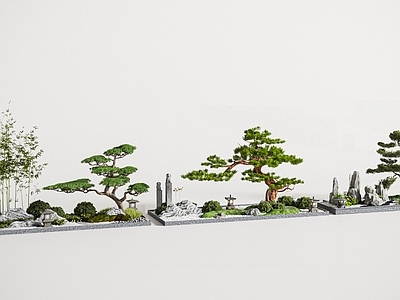 新中式景观枯山水 枯山水景观组合 迎客松罗汉松 日式造景 庭院枯山水小品 室内景观组团