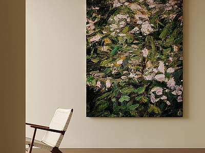 中古风抽象挂画 厚涂白花肌理油画 绿意繁花竖版挂画 印象花卉客厅壁画 复古绿植装饰画 肌理玄关油画