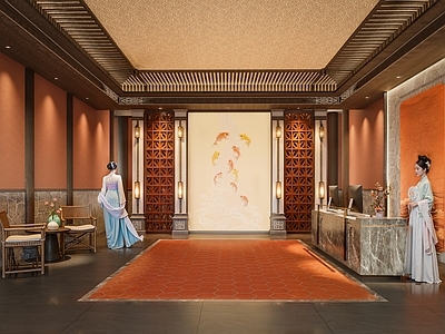新中式酒店大堂 新中式酒店大堂 闽南民宿前台接待 闽南非遗酒店大厅 闽南海浪鲤鱼背景 闽南窗花隔断