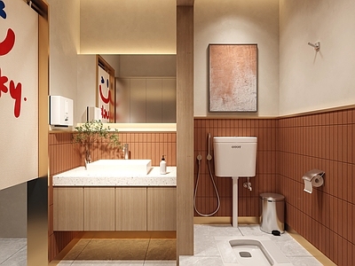 原木风公共卫生间 卫生间 烧烤店卫生间 餐饮卫生间 橙色卫生间 公共卫生间
