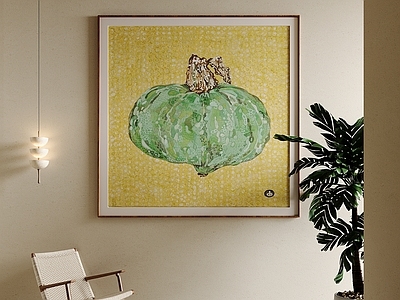 中古风挂画 样板间挂画 复古蔬果油画 禅意南瓜装饰画 餐厅方形装饰画 黄色底静物挂画