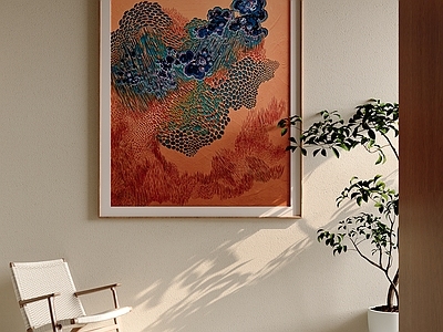 原木风抽象画 蓝红肌理抽象画 侘寂国风装饰画 禅意点状山水画 中古新中式挂画 样板间国风壁画