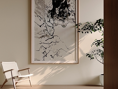 新中式挂画 侘寂水墨竖幅挂画 黑白写意山水挂画 极简东方水墨画作 枯墨线条禅境壁画 泼墨曲线抽象国画