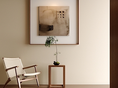 新中式挂画 浅棕水墨抽象油画 国风框中框装饰画 点状线条肌理画作 大地色极简禅意画 原木风客厅方画