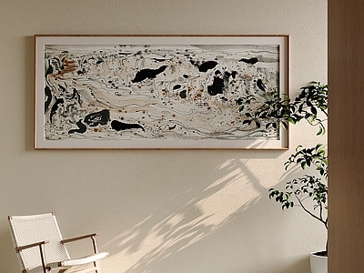 新中式抽象挂画 水墨流纹横版挂画 泼墨曲线肌理壁画 东方写意横向挂画 大地色水墨长幅画 客厅禅意水墨横幅