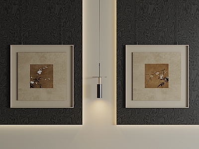 新中式挂画组合 茶室素雅花鸟挂画 浅咖古风双联方画 框中框新中式壁画 梅竹双清组合挂画 复古绢本梅花挂画