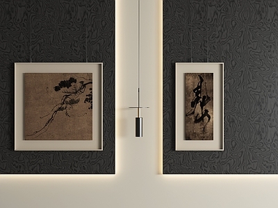 新中式挂画 咖底古画双联壁画 宋式禅意横竖挂画 茶室水墨组合画 框中框中式双联画
