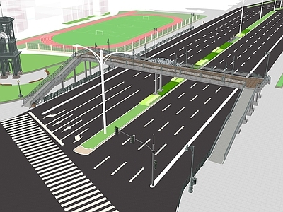 现代主义交通枢纽景观 人行天桥 景观塔楼 金属天桥 道路景观