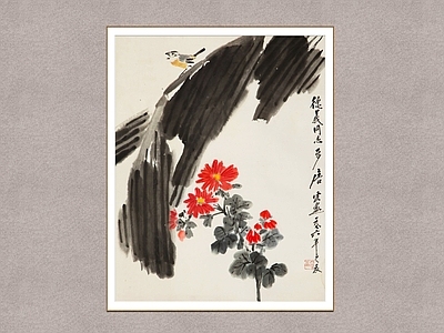 中式画框 花鸟画 芭蕉小鸟 唐云 装饰画