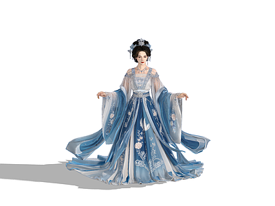 中式女人 3D汉服女子 蓝衣汉服女人