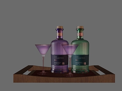 中古风酒具 酒瓶 高脚酒杯 玻璃杯 玻璃瓶 托盘