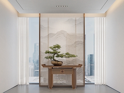 新中式条案 端景 屏风 山水画 迎客松 条案玄关