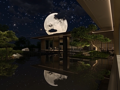 新中式景观住宅景观 夜景