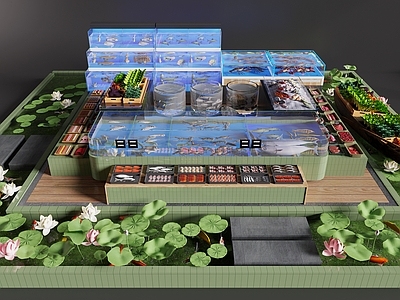 新中式食品展台 鱼缸水族 海鲜缸 水产区 海鲜展示区 中餐厅菜品展示区