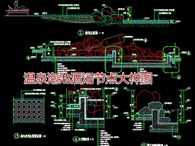 温泉度假区 温泉泡池酒汤 酒瓶跌水大样图
