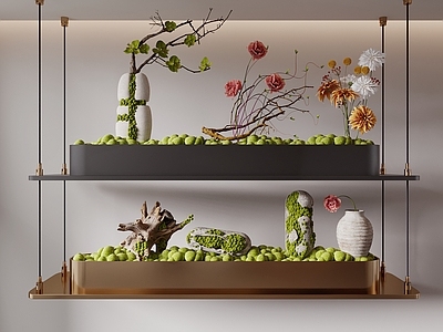 新中式垂直绿化 绿植吊饰 植物吊灯 枯木绿植 苔藓 花艺