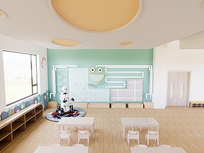 原木风幼儿园内部 幼儿园教室 墙面玩具 玩具墙 书屋
