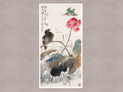 新中式画框 白莲翠鸟图 花鸟画 唐云 装饰画