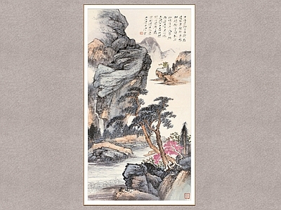 中式山水画 春山桃红 唐云 装饰画