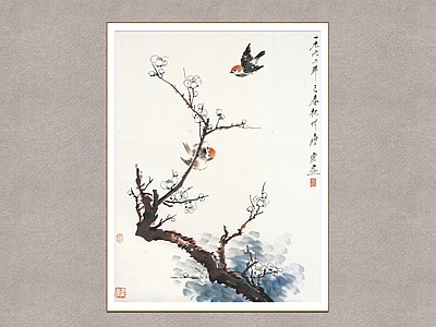 中式画框 梅花双雀 唐云 花鸟画 装饰画