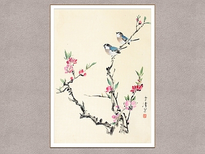 新中式画框 花鸟画 桃花小鸟 装饰画