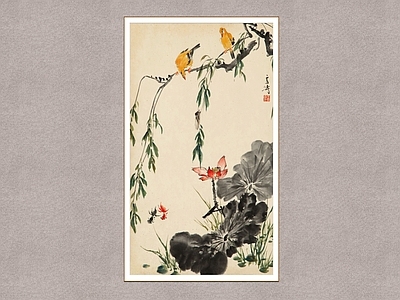 中式画框 花鸟画 王雪涛 装饰画 荷花翠柳