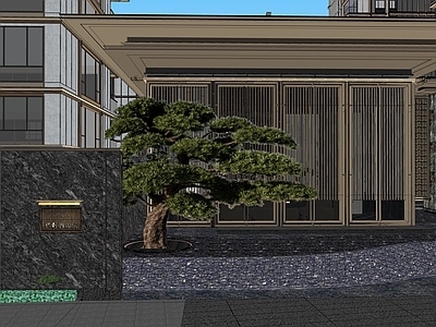 新中式景观小区景观 新中式示范区 中式禅意景观会所 特色格栅斜屋顶 弧形跌水水景 入口门楼连廊