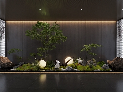 新中式室内景观 现代室内景观造景 石头 植物 景观 室内景观