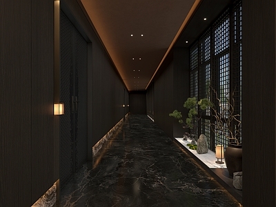 新中式走廊 会所过道走廊 餐厅酒店走廊 售楼部走廊 公共空间走廊