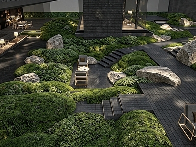 新中式景观室内景观 禅意自然草坡庭院 天井空间观景吧台 户外沙发自然景石 特色景观灯 酒店景观