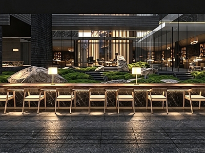 新中式室内景观 自然山水庭院 商业吧台 示范区下沉庭院 禅意景观