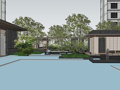 新中式景观小区景观 新中式庭院水景 中心廊架会客厅 亲水观景茶亭 风雨连廊对景景墙 林下水院