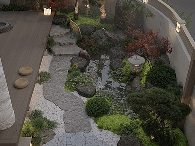 日式别墅庭院 庭院鱼池景观