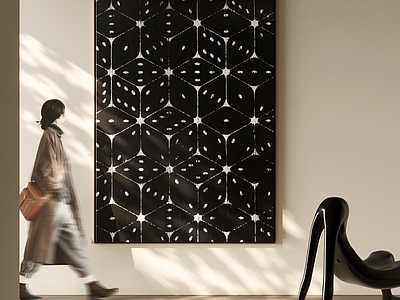 现代简约落地画 黑白几何挂画 黑底纹样艺术 中古风纹样画 客厅黑白挂画 菱形肌理挂画