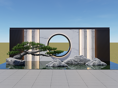 新中式景观景墙 新中式景墙 造型景墙 庭院造型景墙 片石 造型罗汉松