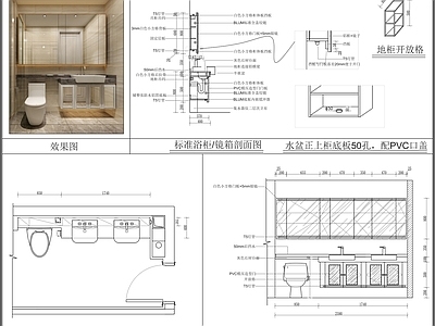卫生间综合节点 标准浴柜 洗手台镜箱 半嵌入式台盆 马桶 卫生间洗手台