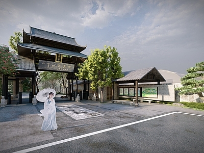 新中式景观入口大门 古建筑景区景观 古建筑入口大门 景观入口 古建入口 地面字体